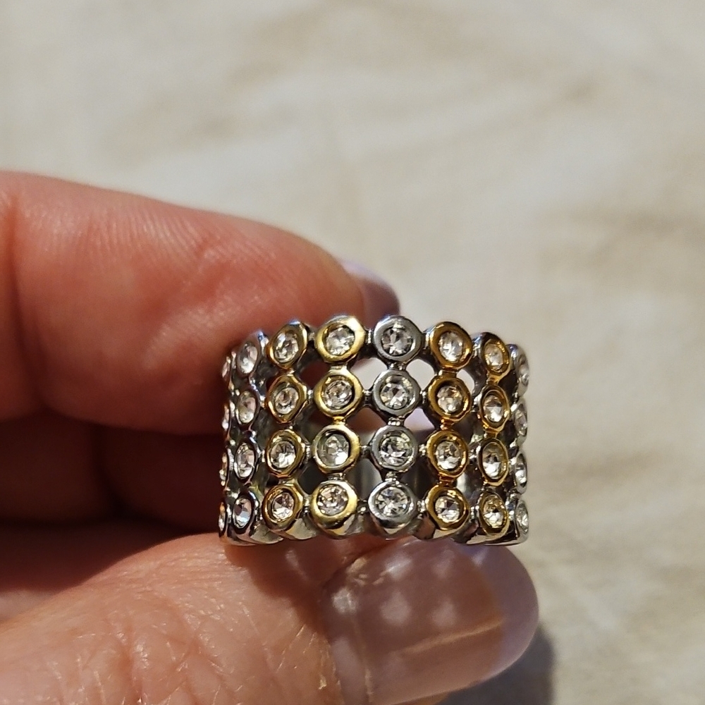 Rhinestone Ring In Gold Tone And Silver